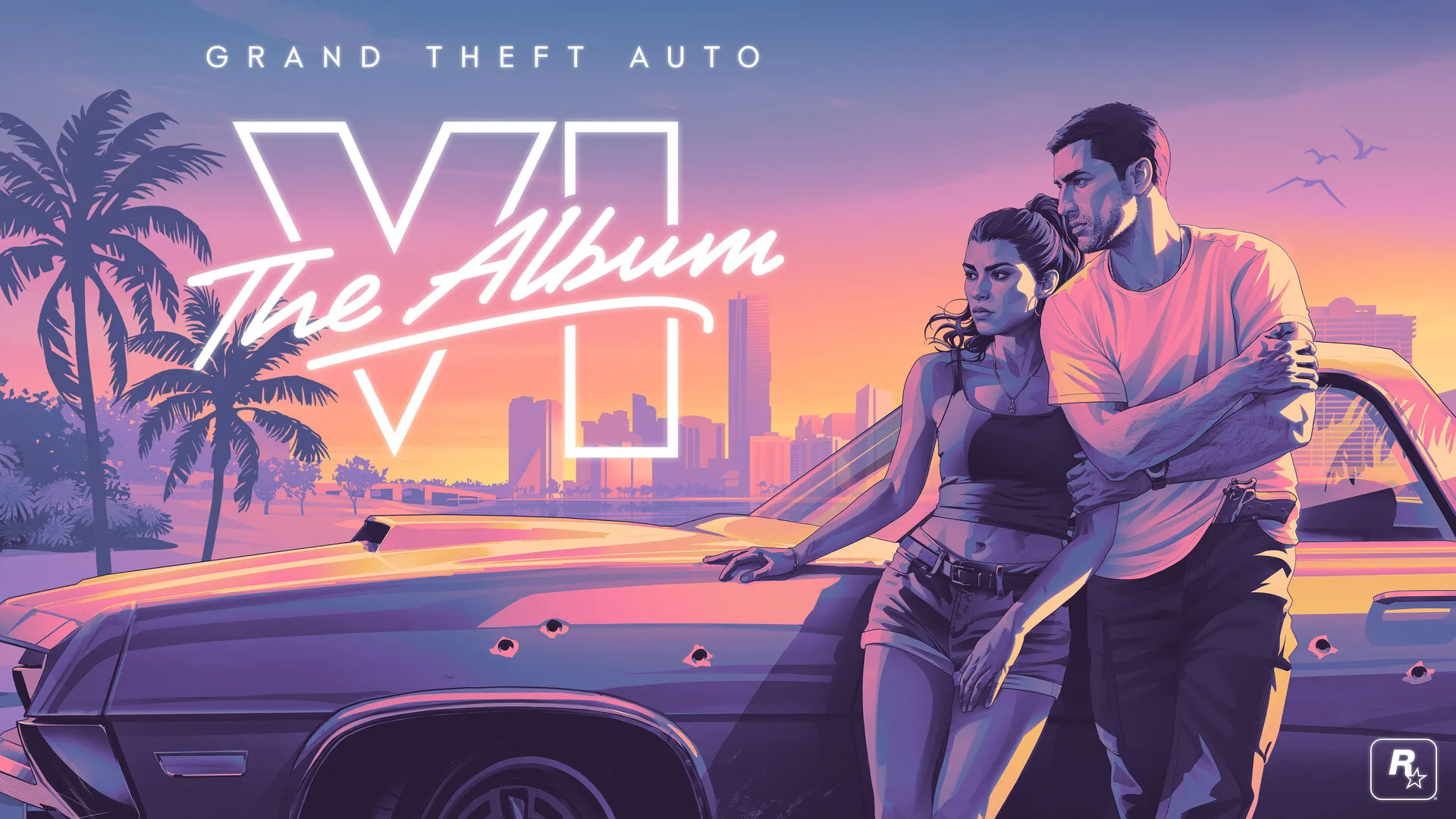 Arte oficial del álbum: Jason y Lucía recargados en un auto con palmeras y Vice City al atardecer
