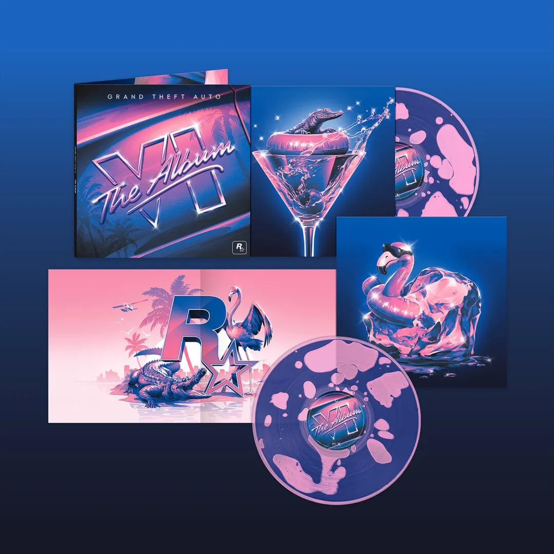 Productos oficiales del álbum: portadas de vinilo con un caimán en una copa de martini y un flamenco congelado, un CD y un vinilo con líquido rosa