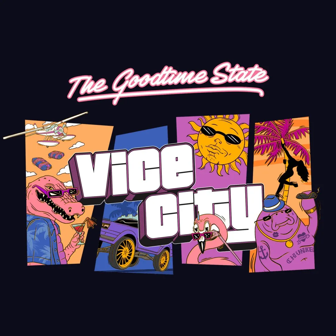 Arte oficial de The Goodtime State: Vice City con Macca the Gator, un sol con lentes, un flamenco y Chunkee the Manatee