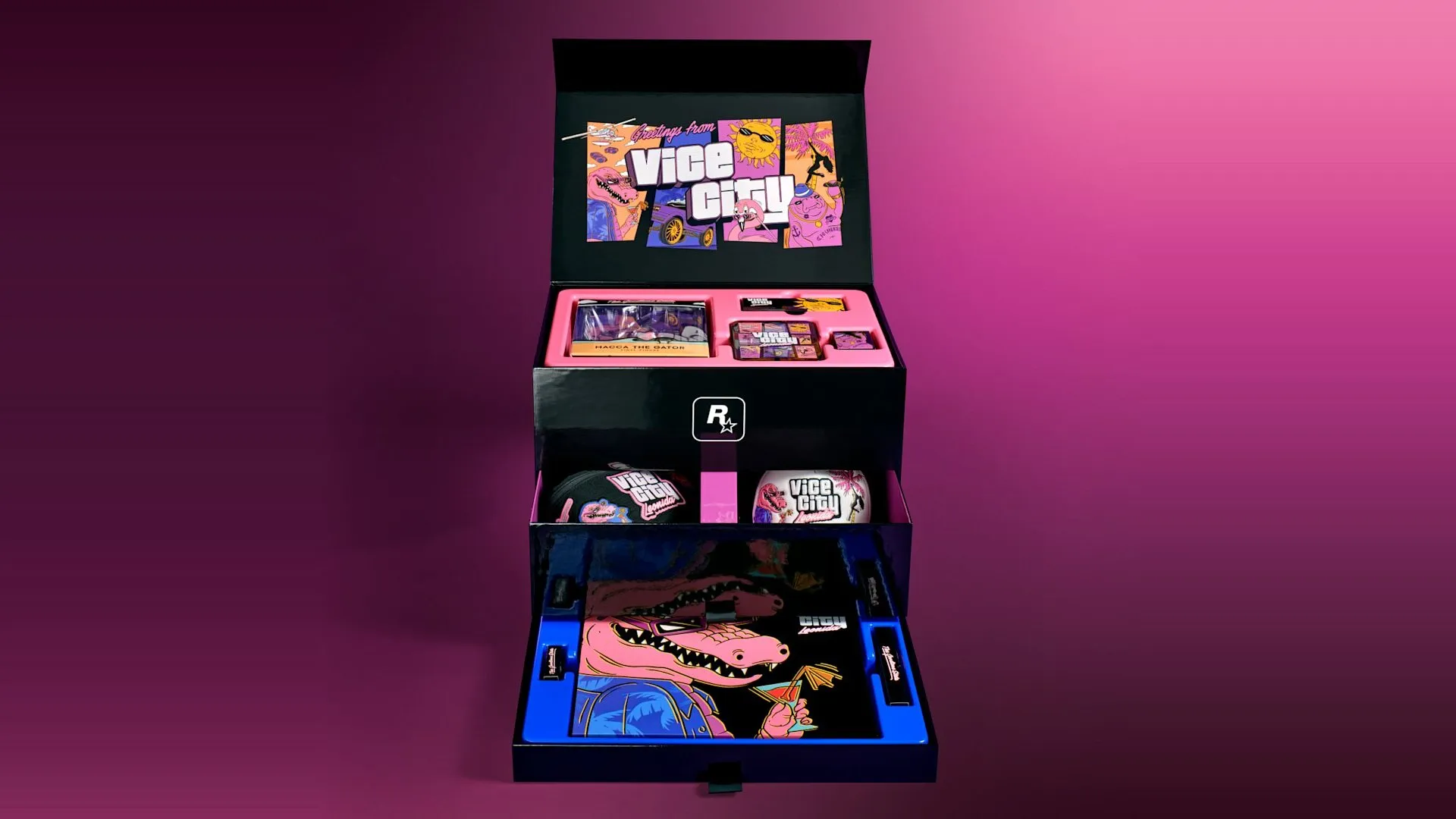 La caja The Goodtime State – Vice City Collection abierta, con sus cajones y objetos de Vice City