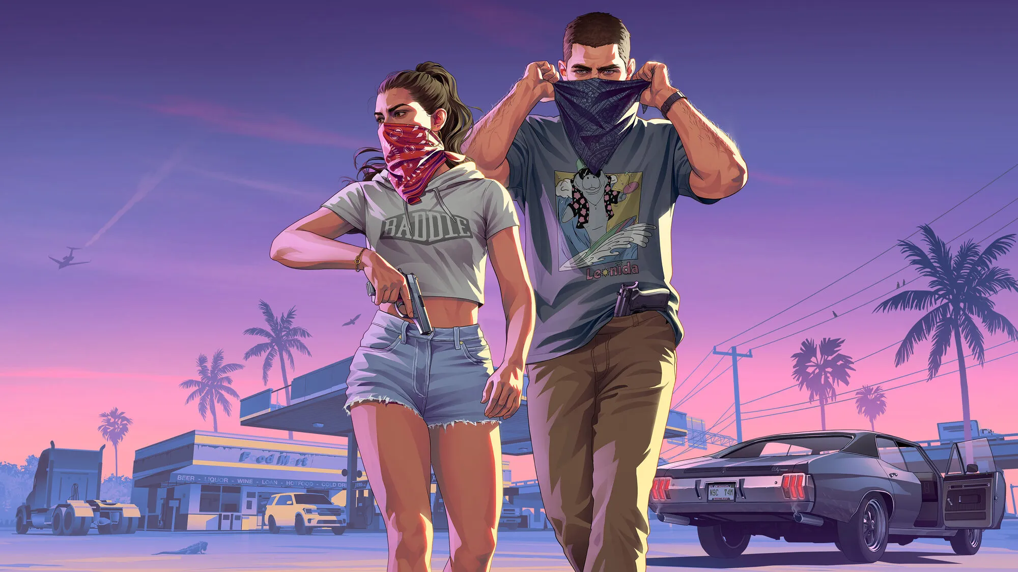 Jason y Lucía con paliacates frente a una gasolinera