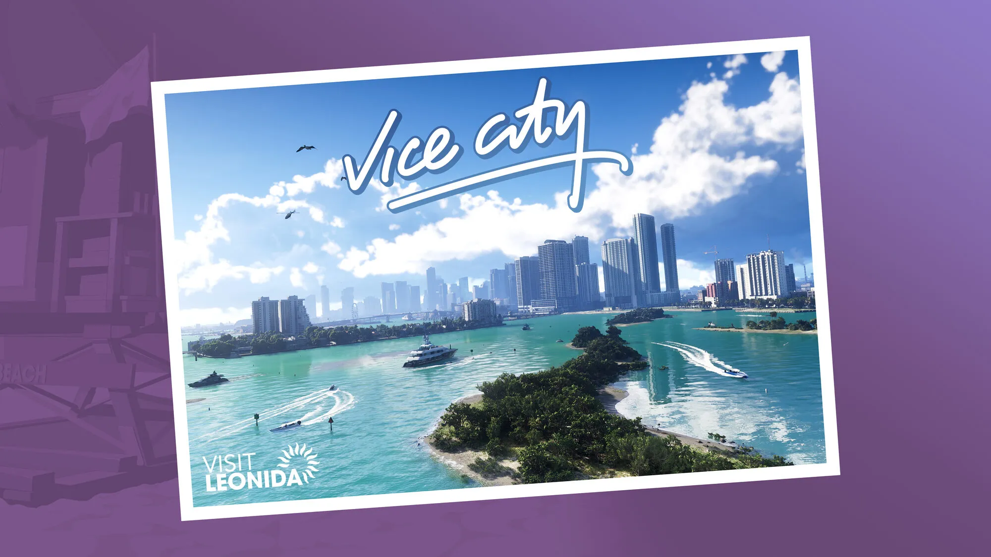 Postal de Vice City con la bahía y los rascacielos