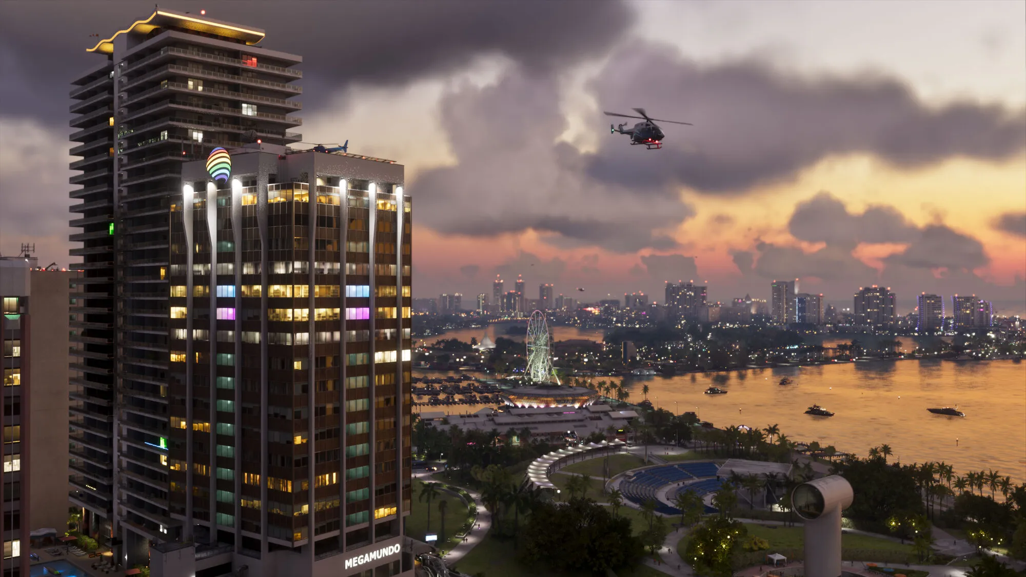 Vice City al atardecer vista desde lo alto